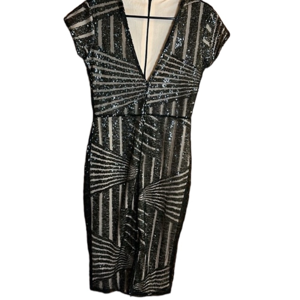 Black Art Deco Cocktail Plunging Bodycon Sheer Sequined Dress with Nude Lining